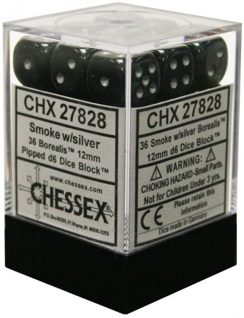 Noppasetti: Chessex Borealis - 12mm D6 Smoke/Silver (36)