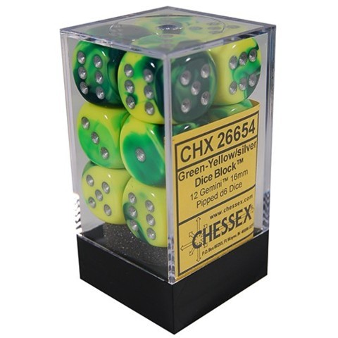Noppasetti: Chessex Gemini � Green-Yellow/Silver (12)