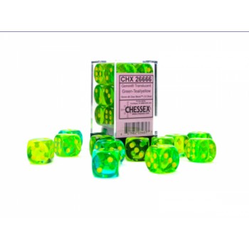 Noppasetti: Chessex Translucent Gemini � 16mm D6 Green-Teal/Yellow (12)