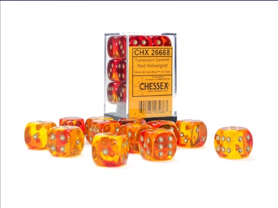 Noppasetti: Chessex Translucent Gemini � 16mm D6 Red-Yellow/Gold(12)
