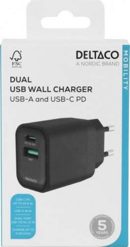 Verkkovirtalaturi: 1x USB-A 18W & 1x USB-C PD 20W (Musta)