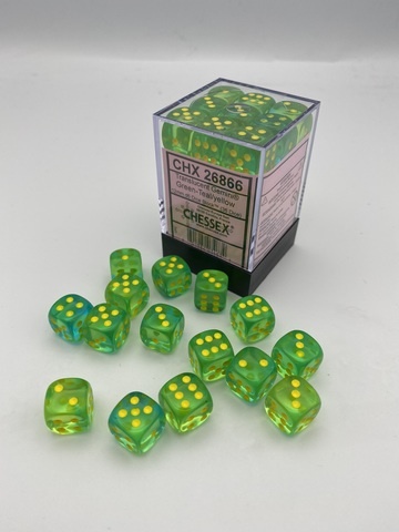 Noppasetti: Chessex - Gemini 12mm D6 Translucent Green-teal/yellow (36)