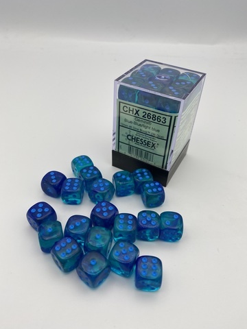 Noppasetti: Chessex - Gemini 12mm D6 Blue-blue/Light Blue Lumina (36)
