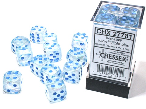 Noppasetti: Chessex - Borealis 16mm D6 Icicle/Light Blue Luminary (12)