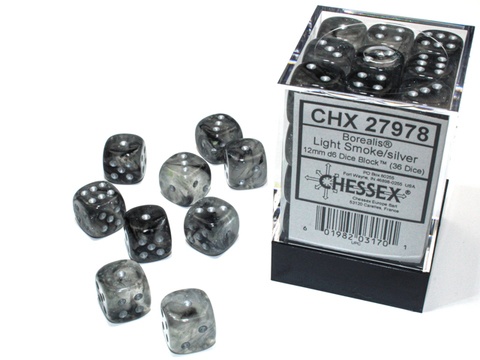 Noppasetti: Chessex - Borealis 12mm D6 Light Smoke/Silver Luminary (36)