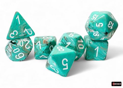 Chessex: Dice Set - Marble Mega-hedral Oxi-Copper/white (7)